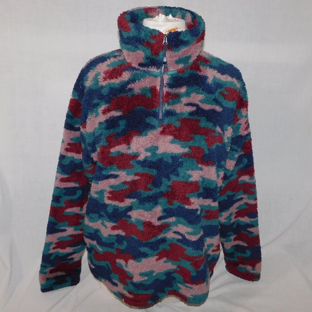Eddie Bauer High pile Teddy Fleece Multicolor Camo 1/4 Zip Pullover Womens L